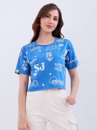 Women T-Shirt Blue Boxy Fit