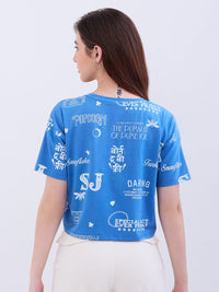 Women T-Shirt Blue Boxy Fit