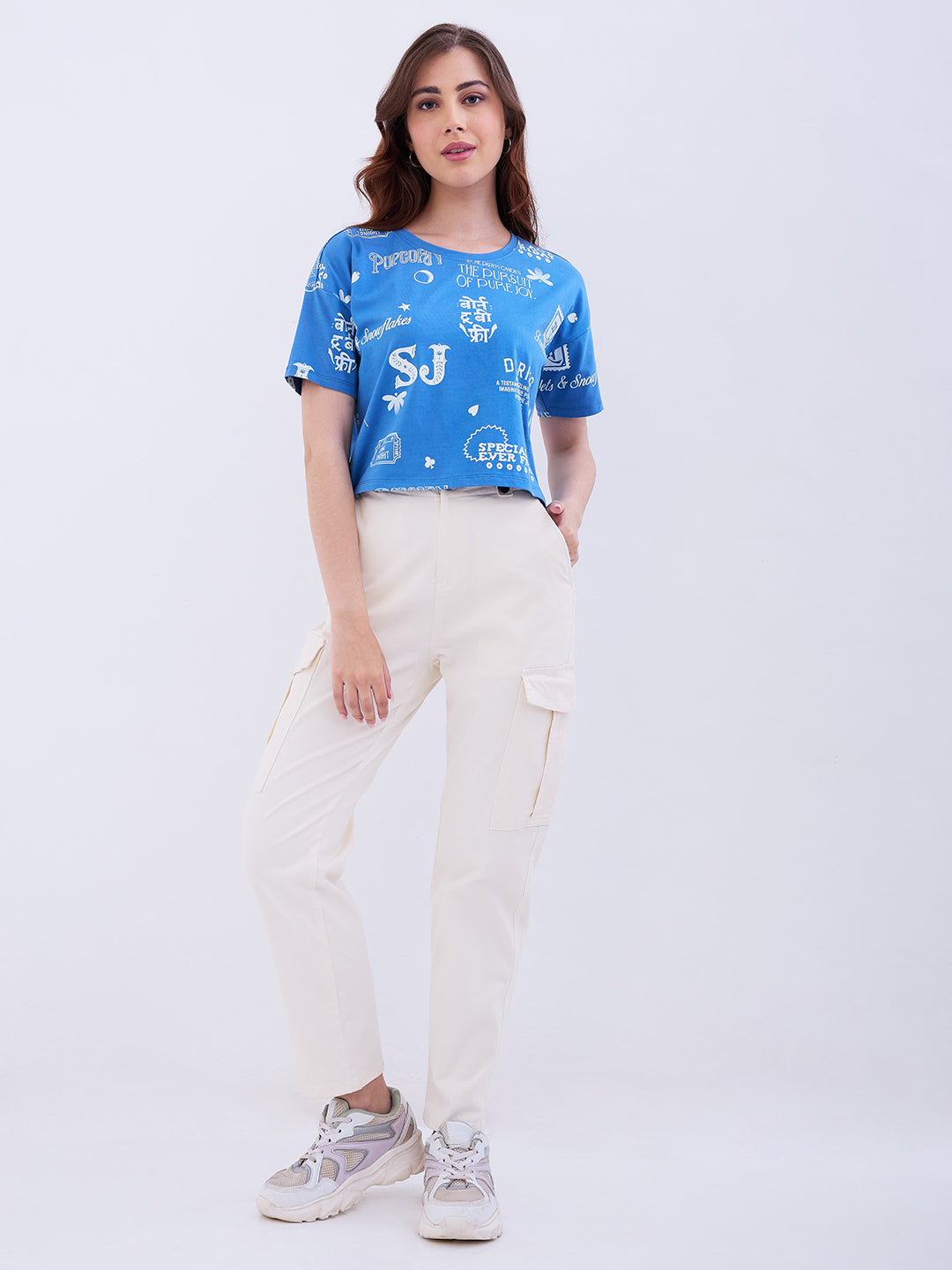 Women T-Shirt Blue Boxy Fit