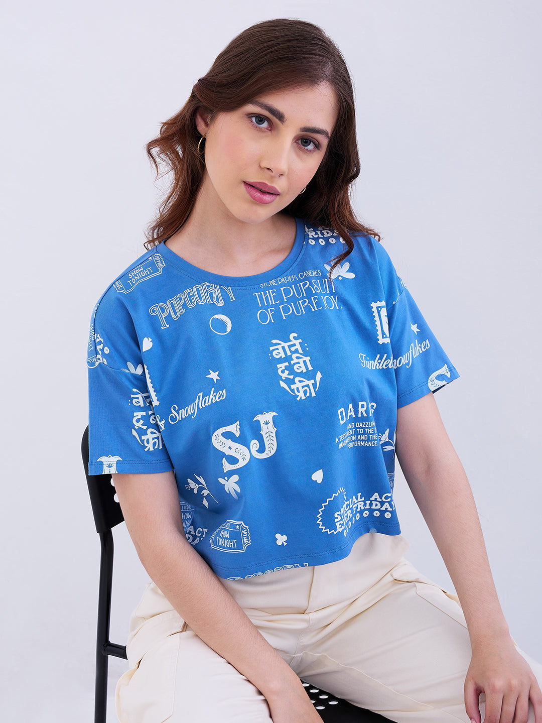 Spykar Mid Blue Boxy Fit Casual T-Shirts For Women