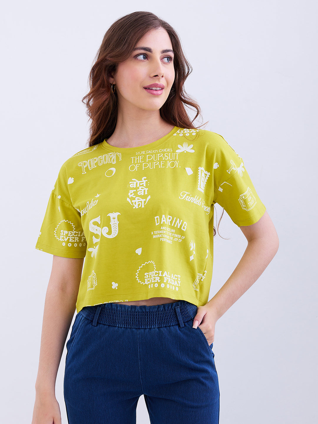 Spykar Olive Yellow Boxy Fit Casual T-Shirts For Women