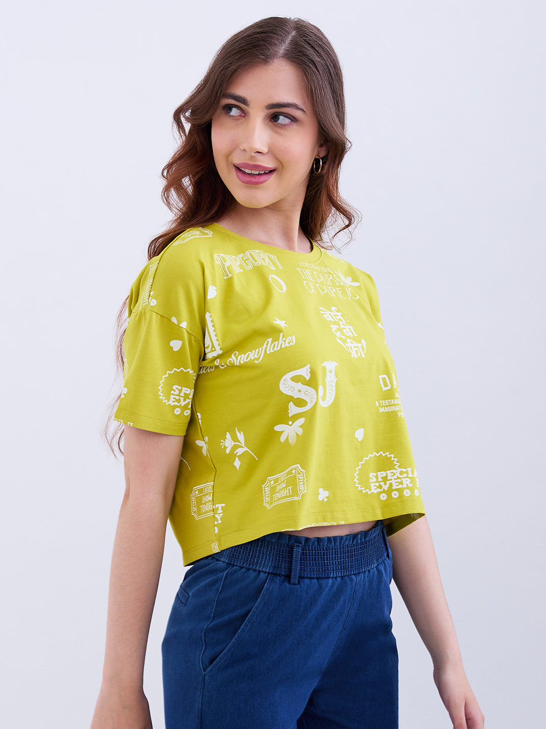 Spykar Olive Yellow Boxy Fit Casual T-Shirts For Women