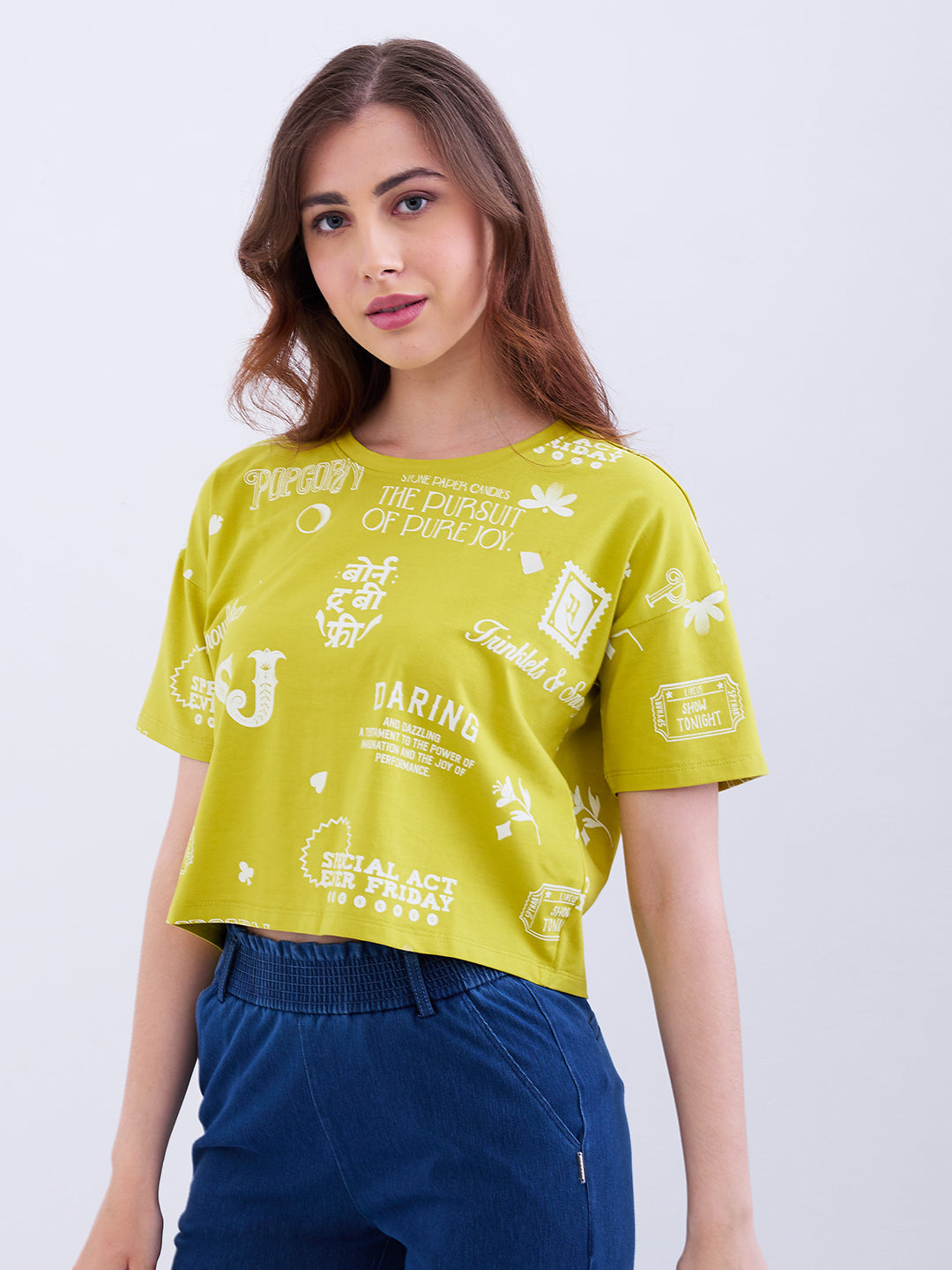 Spykar Olive Yellow Boxy Fit Casual T-Shirts For Women