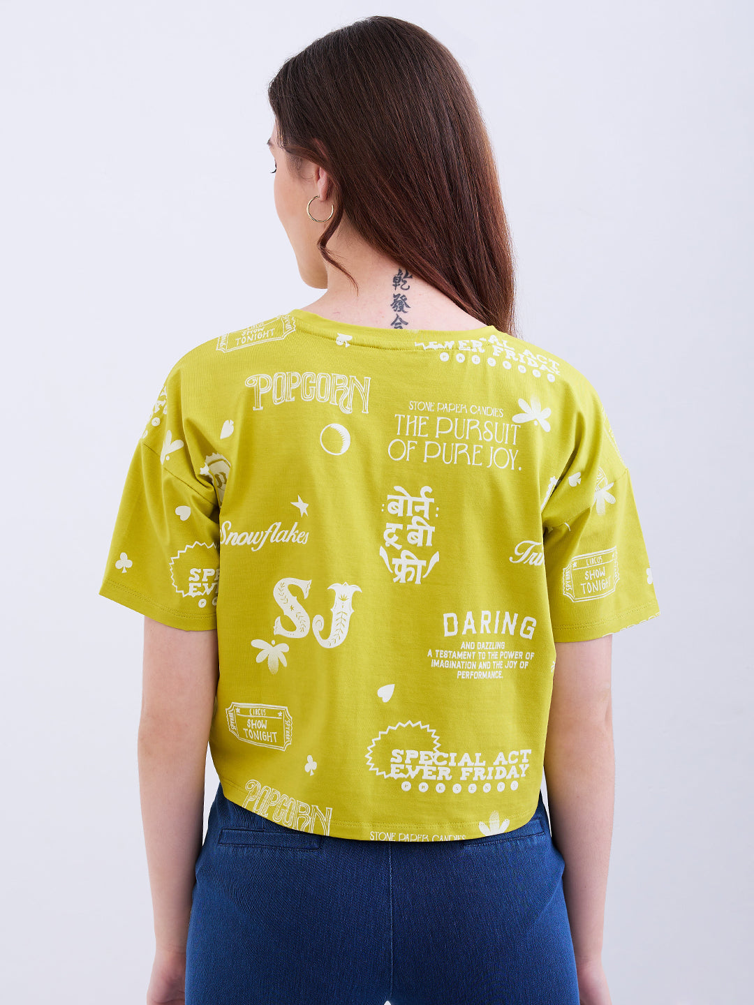 Spykar Olive Yellow Boxy Fit Casual T-Shirts For Women