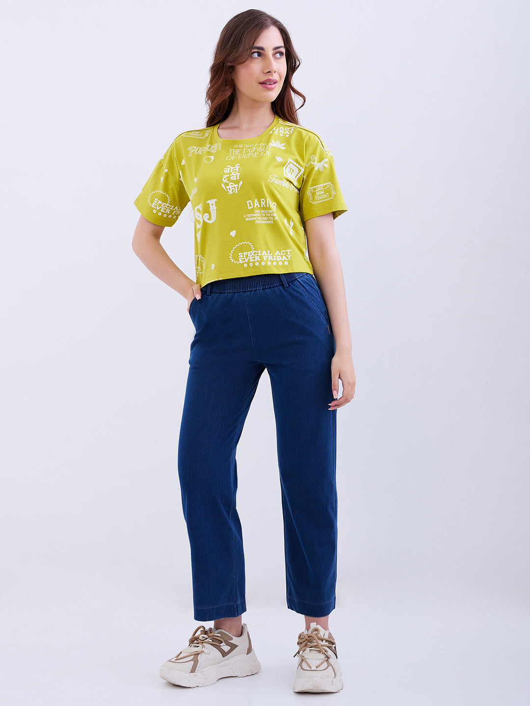 Spykar Olive Yellow Boxy Fit Casual T-Shirts For Women