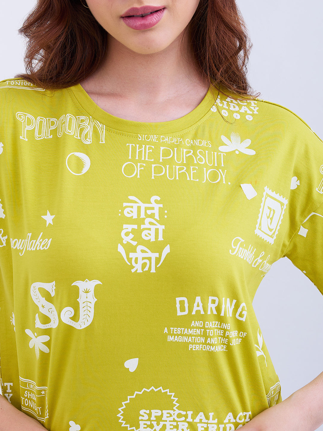 Spykar Olive Yellow Boxy Fit Casual T-Shirts For Women