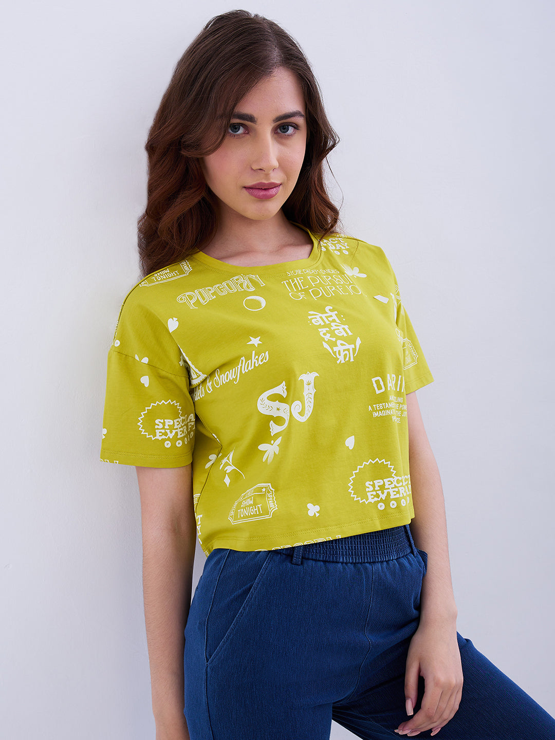 Spykar Olive Yellow Boxy Fit Casual T-Shirts For Women