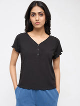 Women T-Shirt Textured Black Regular Fit