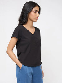 Women T-Shirt Textured Black Regular Fit
