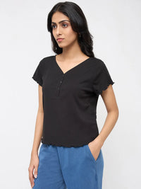 Women T-Shirt Textured Black Regular Fit