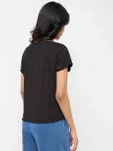 Women T-Shirt Textured Black Regular Fit