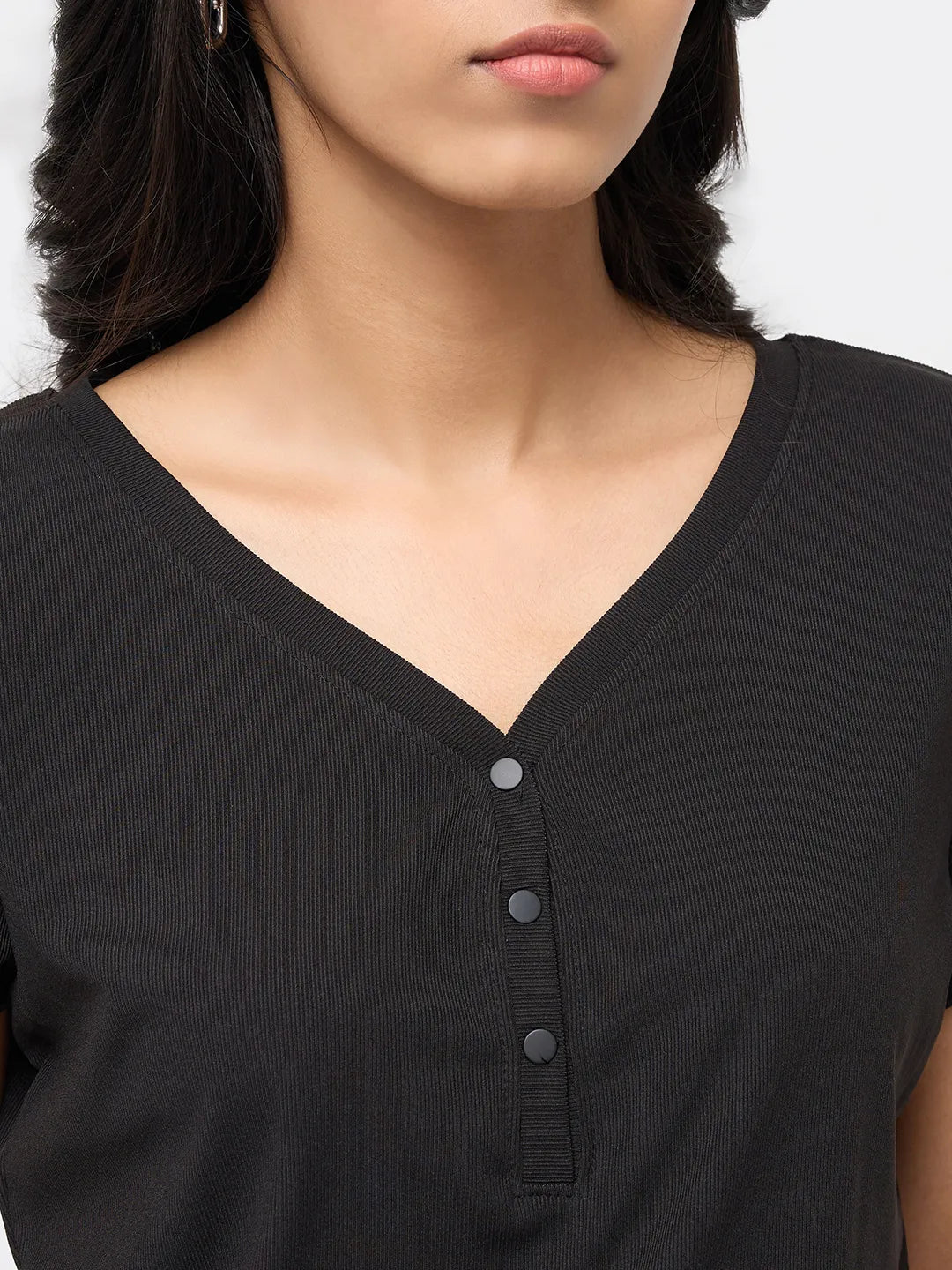 Women T-Shirt Textured Black Regular Fit