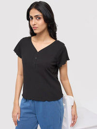 Women T-Shirt Textured Black Regular Fit