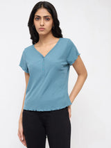 Women T-Shirt Textured Blue Regular Fit