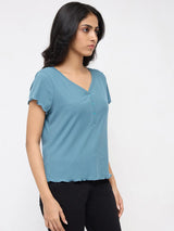 Women T-Shirt Textured Blue Regular Fit