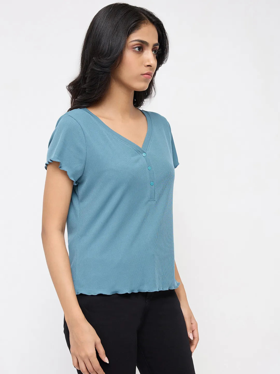 Women T-Shirt Textured Blue Regular Fit
