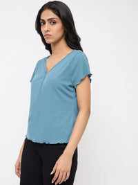 Women T-Shirt Textured Blue Regular Fit