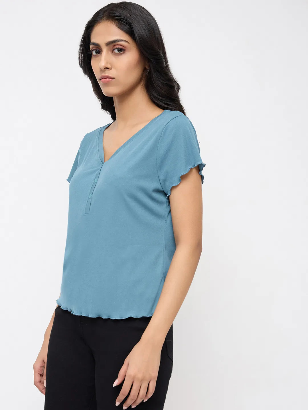 Women T-Shirt Textured Blue Regular Fit