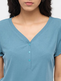 Women T-Shirt Textured Blue Regular Fit