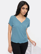 Women T-Shirt Textured Blue Regular Fit