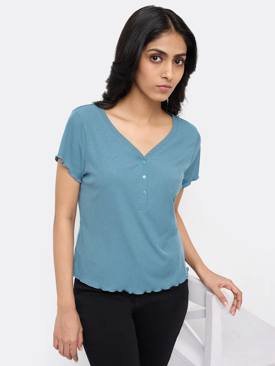 Women T-Shirt Textured Blue Regular Fit