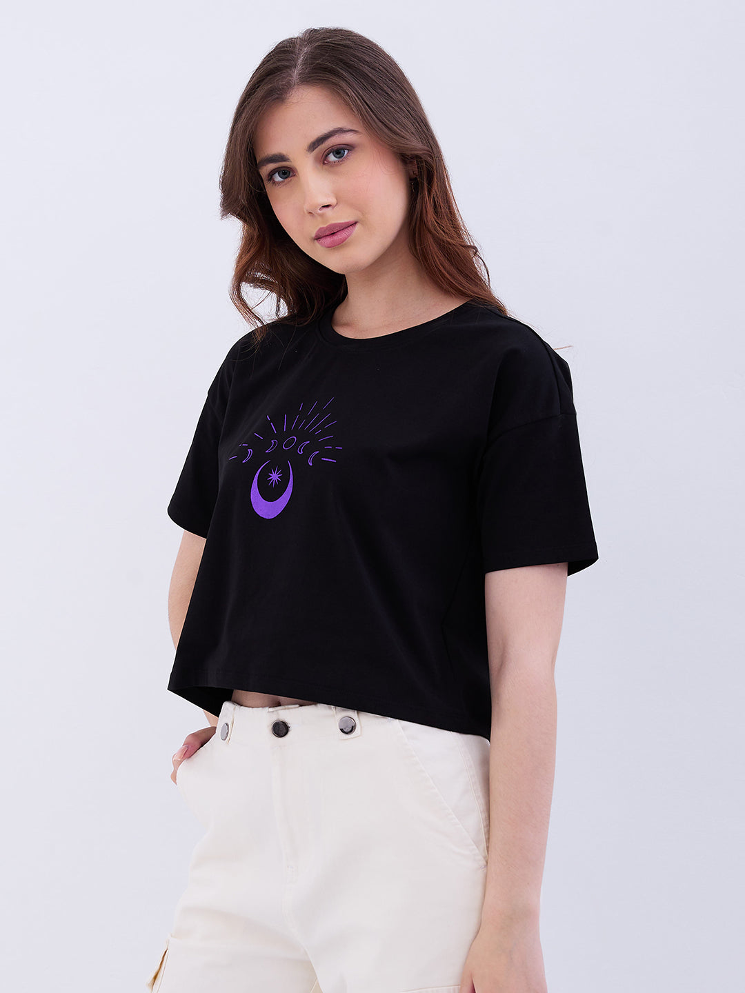 Spykar Black Boxy Fit Casual T-Shirts For Women