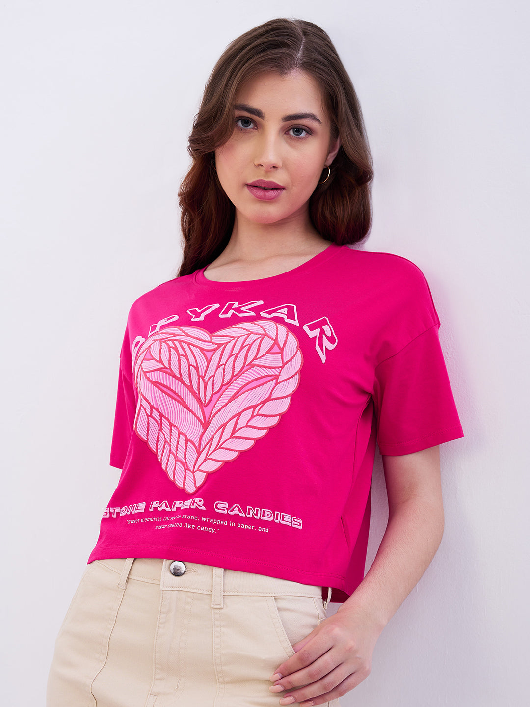 Spykar Luminous Pink Boxy Fit Casual T-Shirts For Women