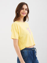 Women T-Shirt Print Yellow Boxy Fit