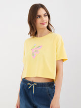 Women T-Shirt Print Yellow Boxy Fit