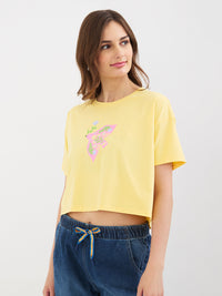 Women T-Shirt Print Yellow Boxy Fit