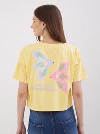 Women T-Shirt Print Yellow Boxy Fit