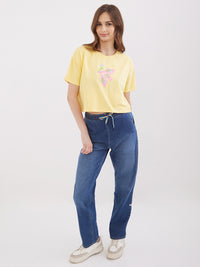 Women T-Shirt Print Yellow Boxy Fit
