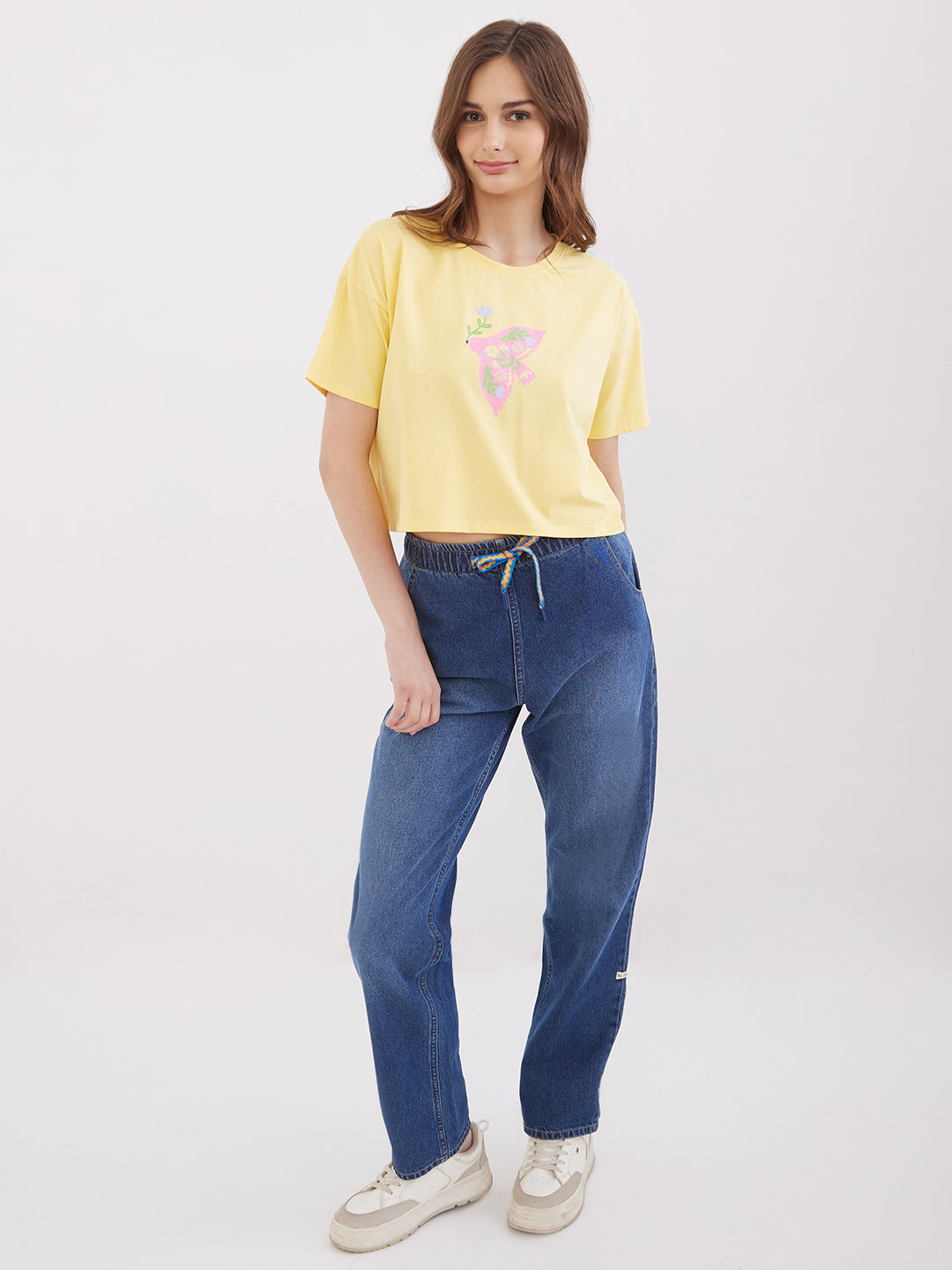 Women T-Shirt Print Yellow Boxy Fit