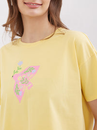Women T-Shirt Print Yellow Boxy Fit