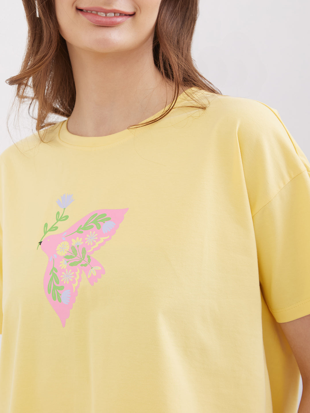 Women T-Shirt Print Yellow Boxy Fit