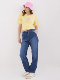 Women T-Shirt Print Yellow Boxy Fit