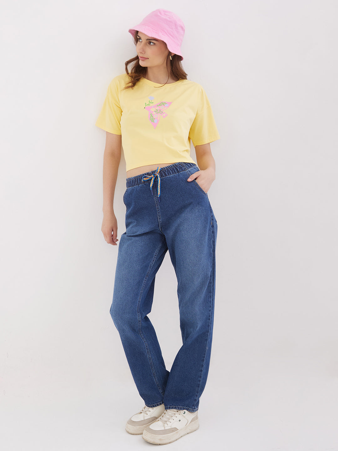 Women T-Shirt Print Yellow Boxy Fit