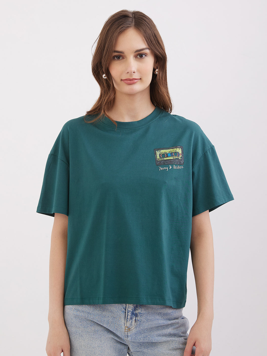 Spykar Malachite Green Boxy Fit Casual T-Shirts For Women