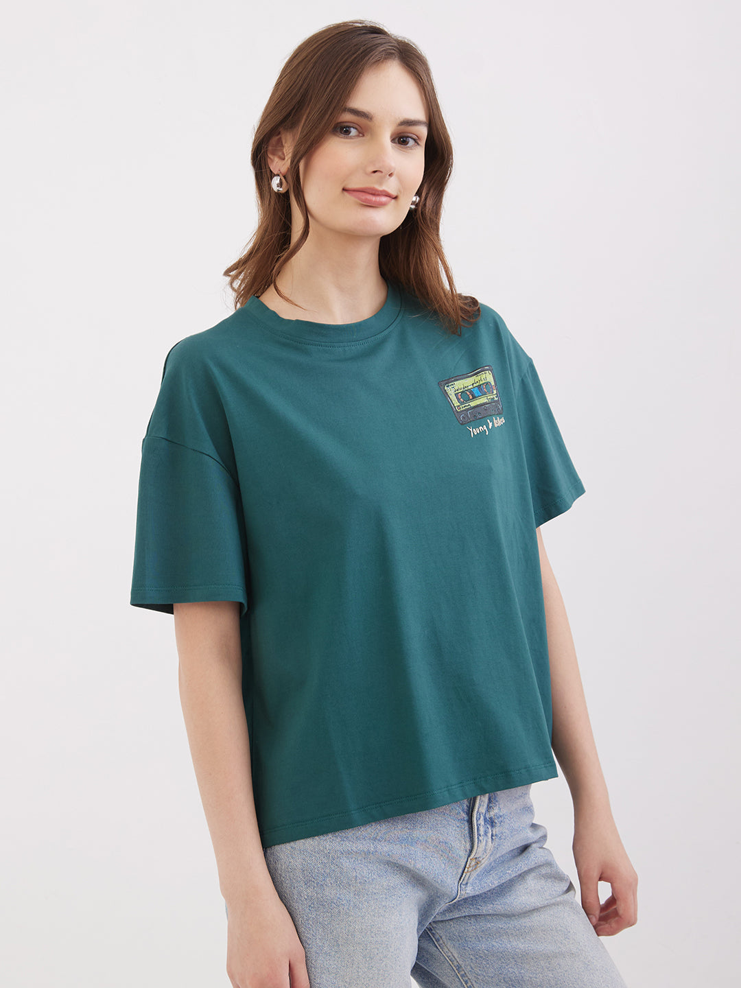 Spykar Malachite Green Boxy Fit Casual T-Shirts For Women