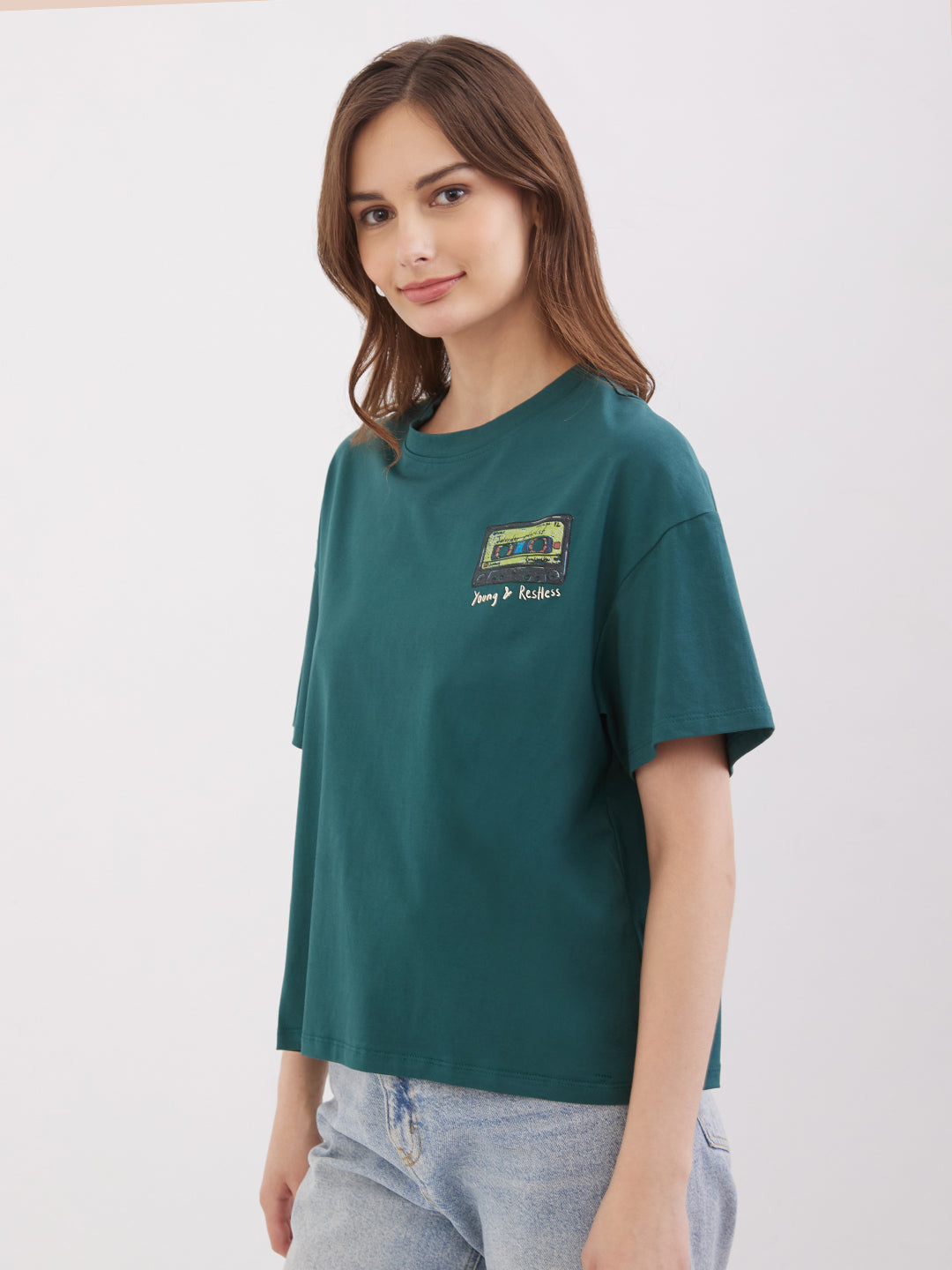Spykar Malachite Green Boxy Fit Casual T-Shirts For Women