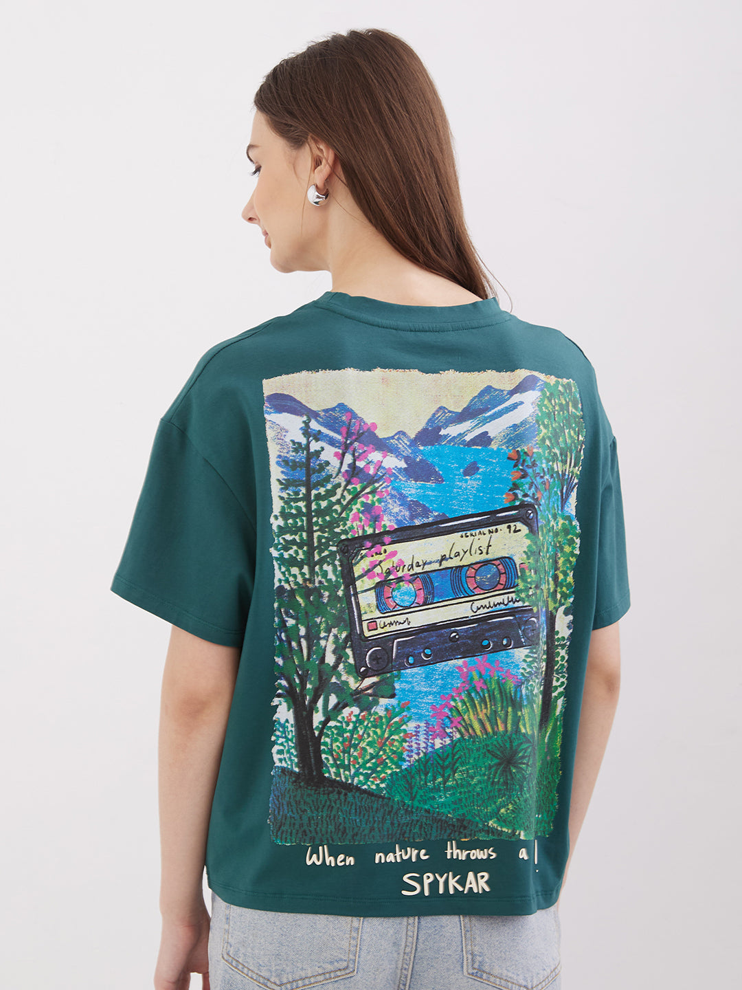 Spykar Malachite Green Boxy Fit Casual T-Shirts For Women