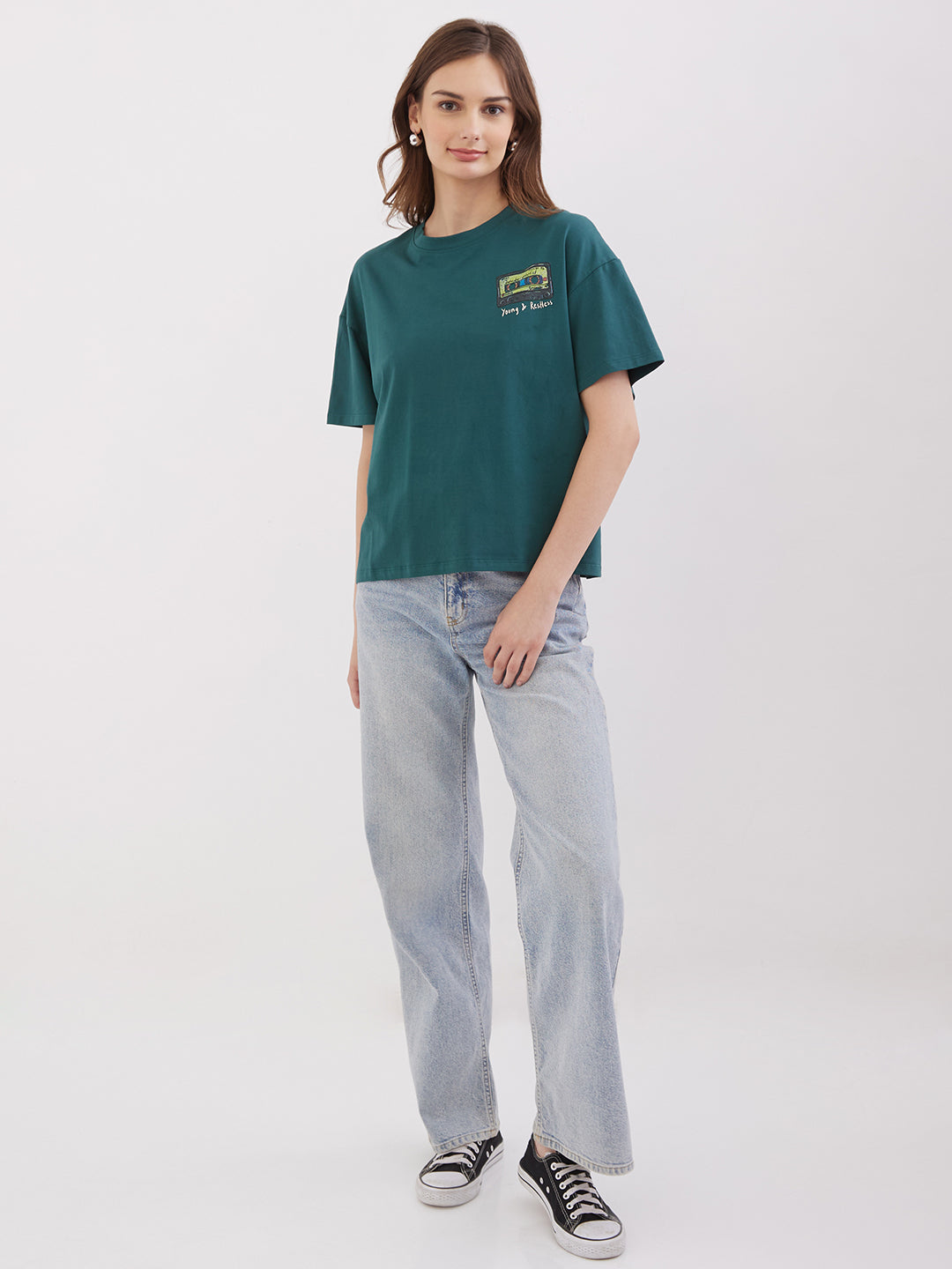 Spykar Malachite Green Boxy Fit Casual T-Shirts For Women