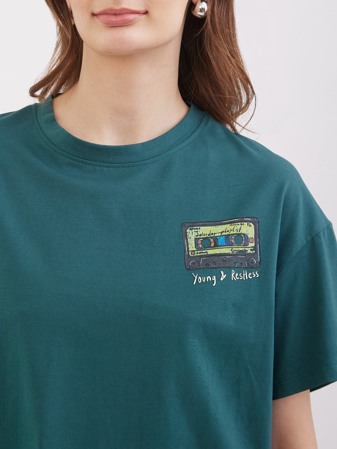 Spykar Malachite Green Boxy Fit Casual T-Shirts For Women