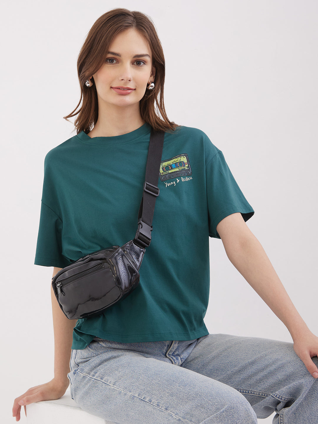 Women T-Shirt Green Boxy Fit