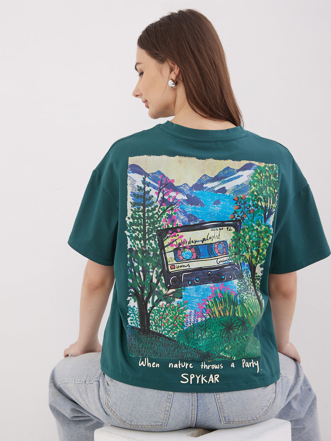 Women T-Shirt Green Boxy Fit