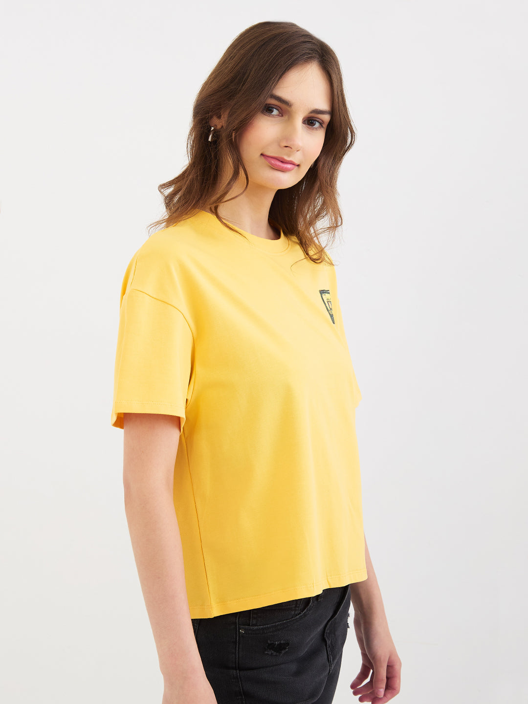 Women T-Shirt Print Yellow Boxy Fit