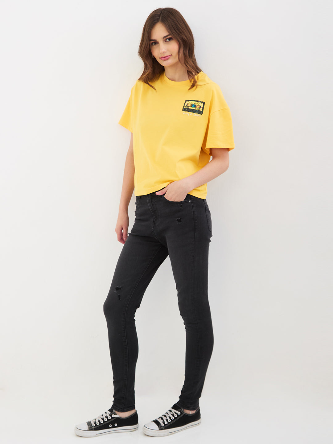 Women T-Shirt Print Yellow Boxy Fit