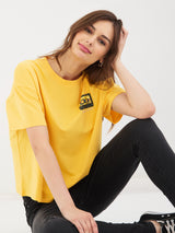 Women T-Shirt Print Yellow Boxy Fit