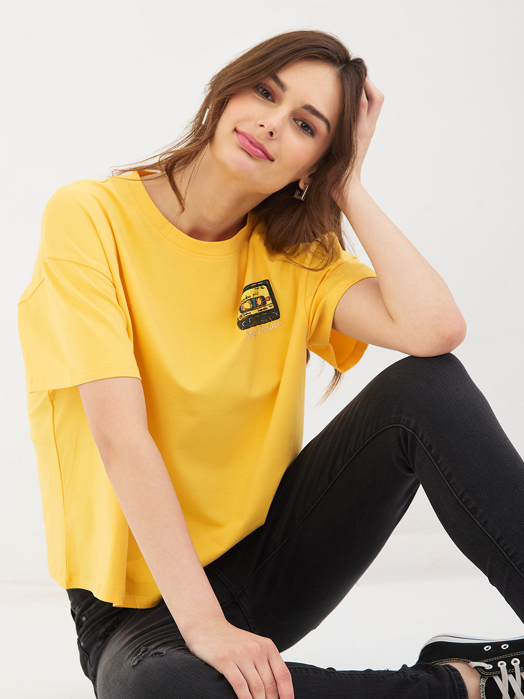Women T-Shirt Print Yellow Boxy Fit