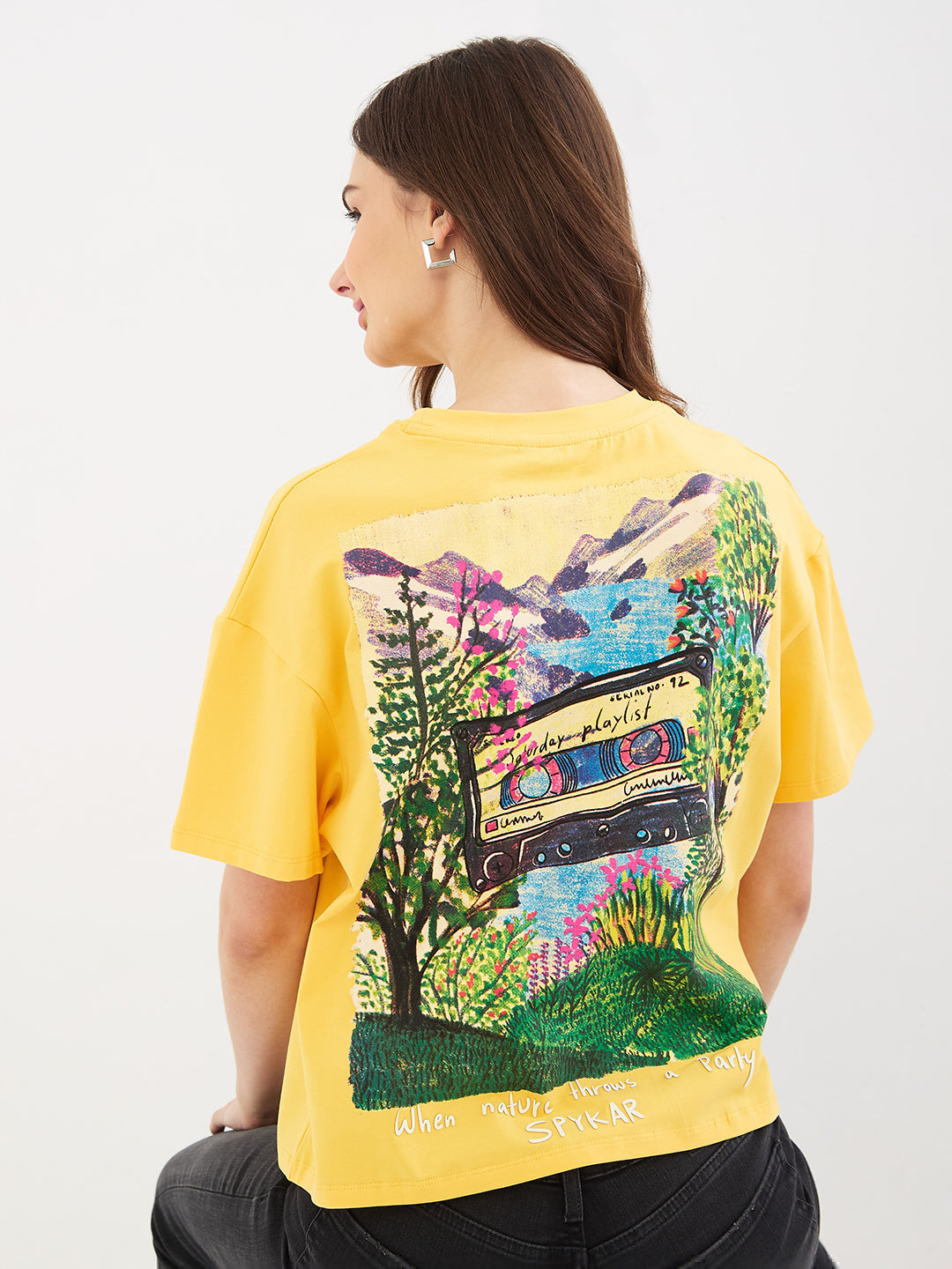 Women T-Shirt Print Yellow Boxy Fit